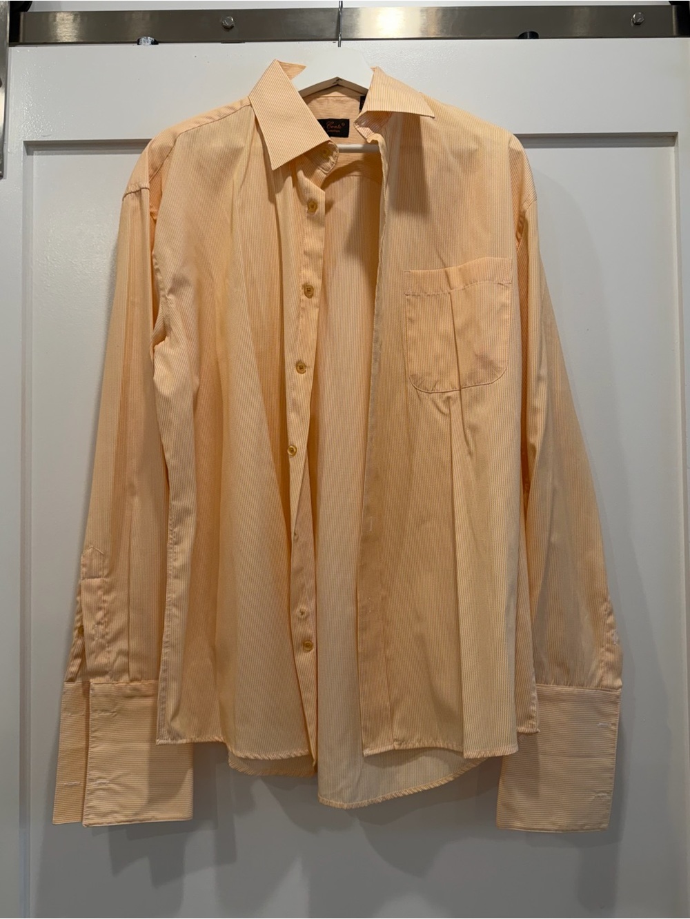Bruno Conte Men’s Peach Pinstripe Dress Shirt 16.5 34/35 Single Needle